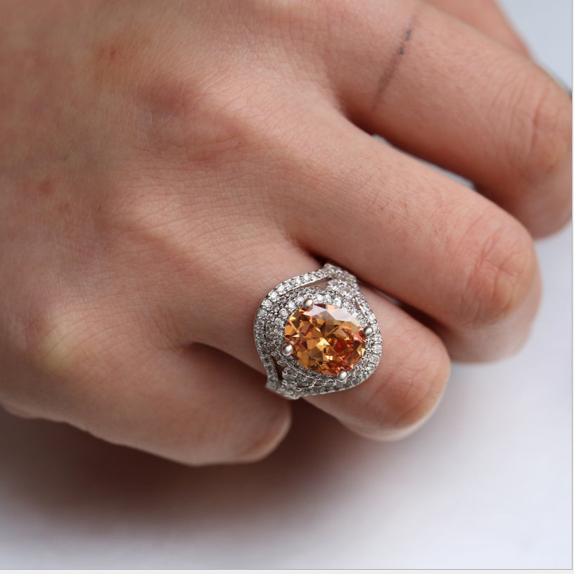 Cross-border wish Amazon new European and American new hot fashion champagne yellow zircon ring female wedding jewelry