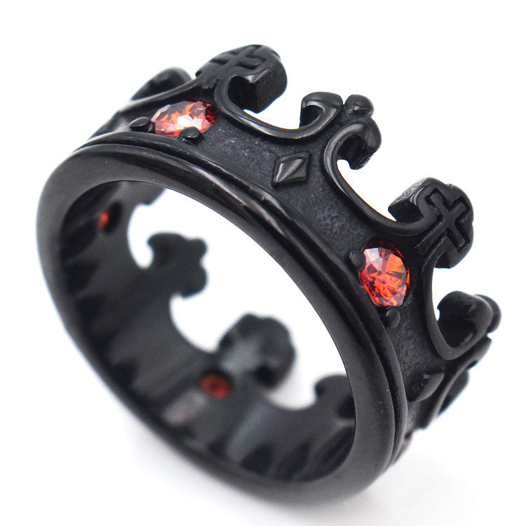 Mens Vintage Titanium Steel Ring 10mm Wide Band Crown Red Diamond Detail Durable Fashion Jewelry Gift Worth It