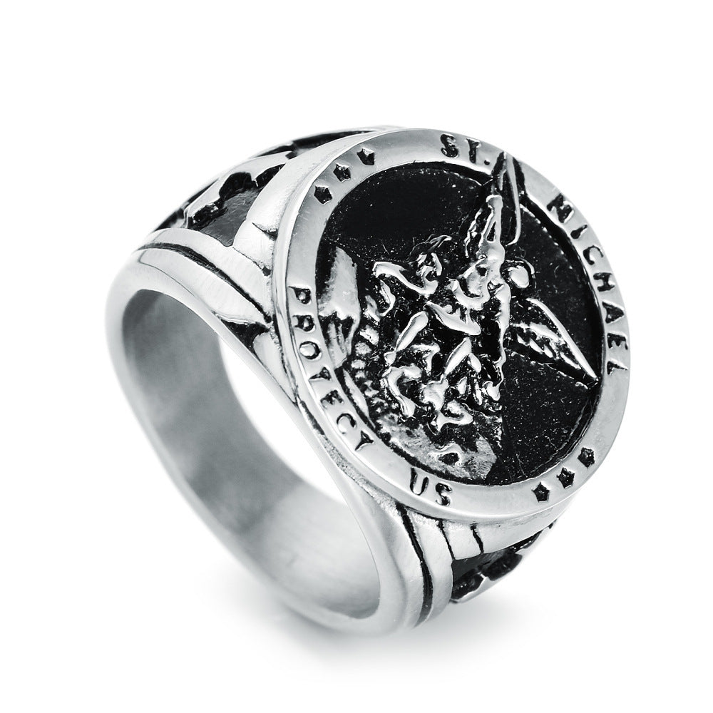 Men's Stainless Steel Silver Ring American Guardian Goddess Design Jewelry Band European and American Inspired Ring Titanium Steel Ring for Men Fashion Ring