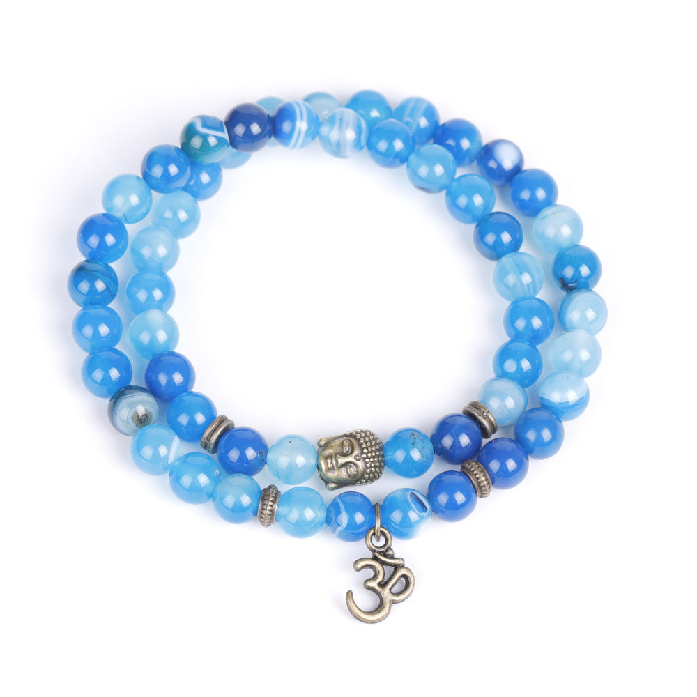 Unisex Volcanic Stone Double Row Bracelet Bronze Buddha Head Agate Geometric Totem Jewelry Religious Symbolic Accessory