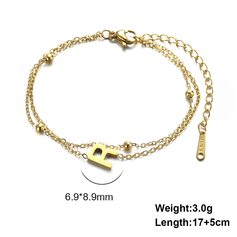 Womens Stainless Steel Double Layer Chain Bracelet With Initial Pendant Electroplated Finish Jewelry Gift Gold