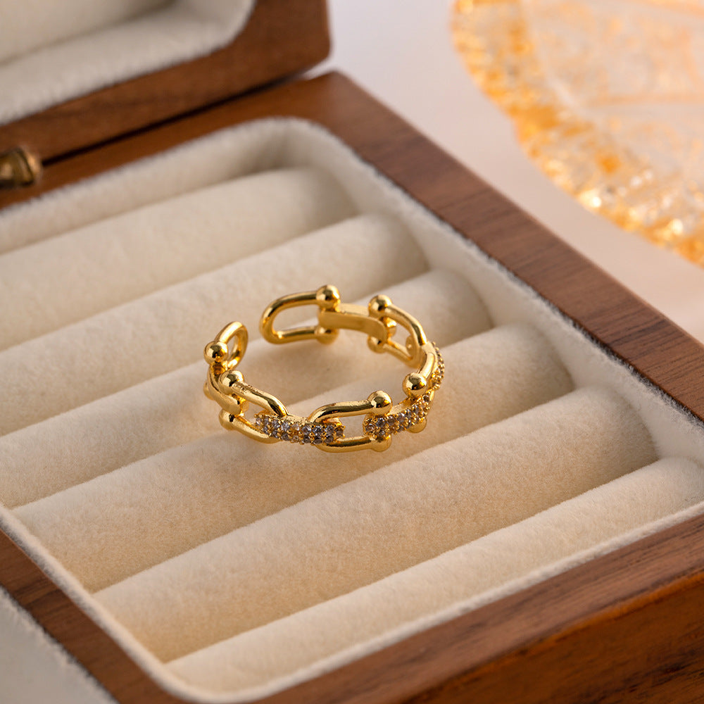 Geometric Copper Ring With Zircon Inlaid Open Design 18K Gold Plated Fashion Jewelry For Everyday Wear Elegant