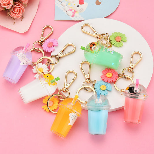 Milk Tea Cup Keychain With Cute Cartoon Animal Pendant Electroplated Charm Light Blue Lemon Yellow Pink Acrylic
