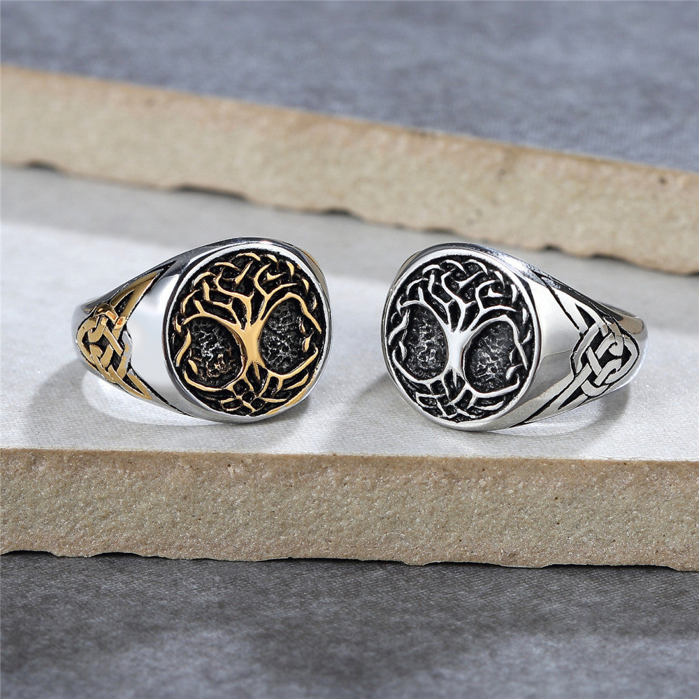 Men's Viking Tree Of Life Ring Titanium Steel Band Geometric Jewelry Gift for Him Personality Ring Steel or Gold Color Norse Mythology Ring