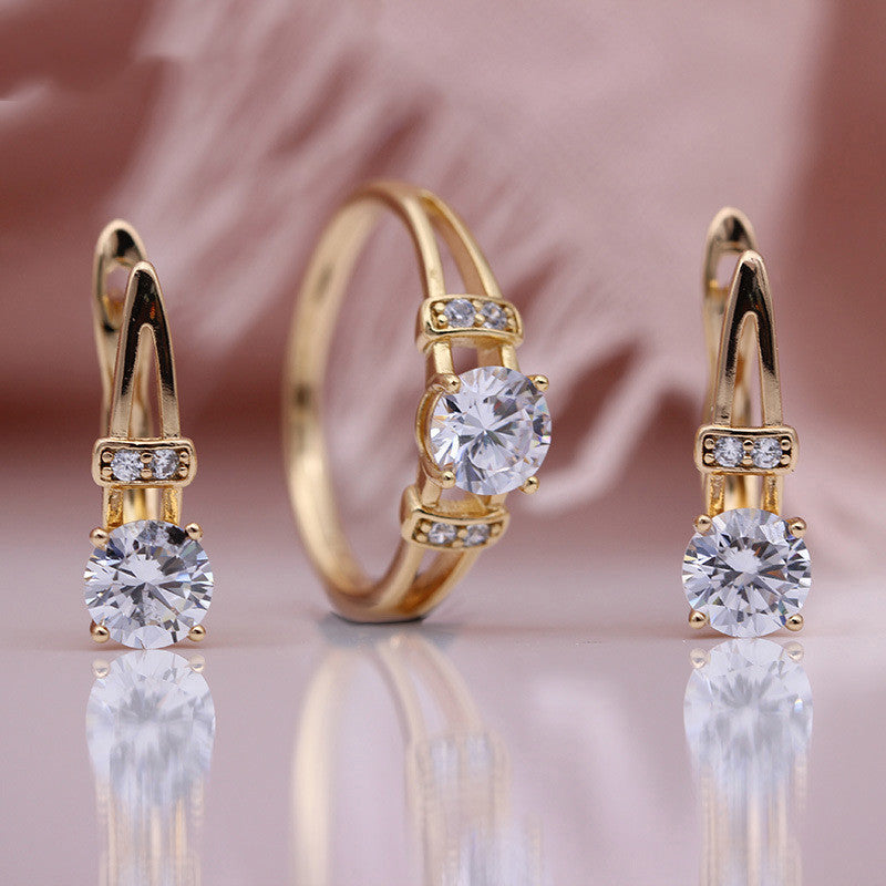 Womens Jewelry Set Rose Gold Alloy Earrings and Ring Set Round White Zircon National Style Fashion Jewelry for Women Girls Party