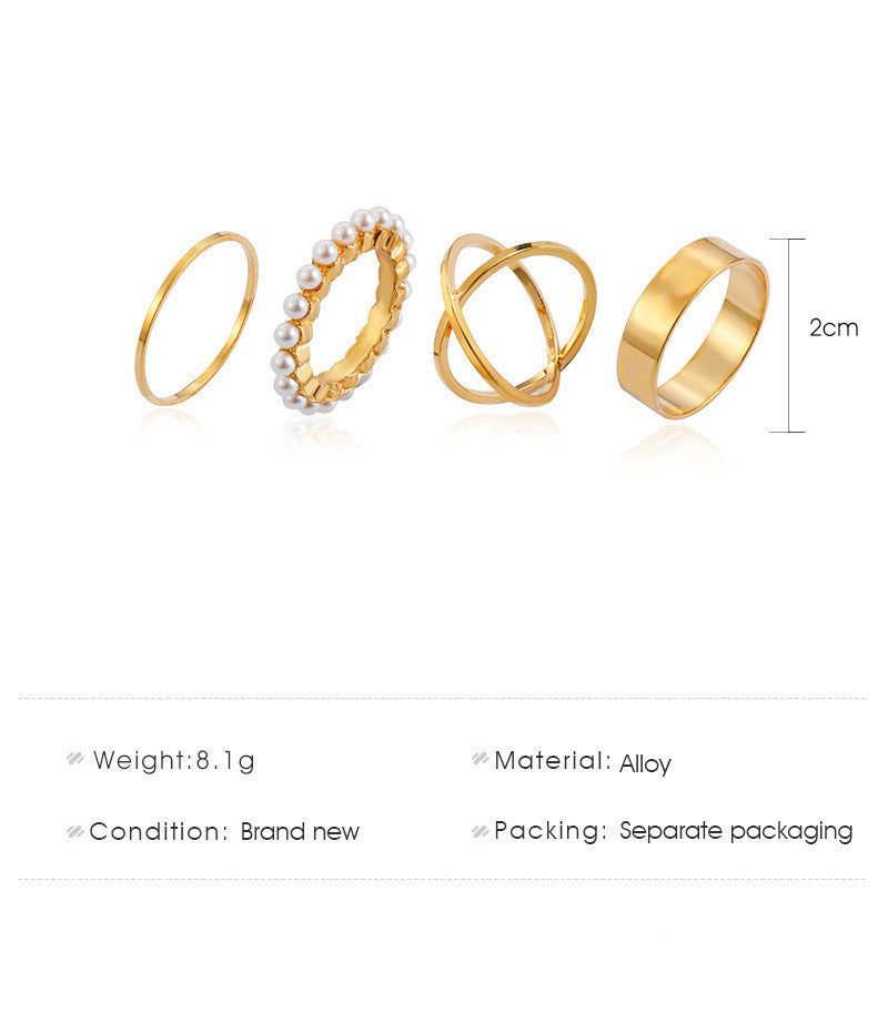 Womens Pearl Ring Set Four Pieces Elegant Geometric Alloy Rings Electroplated Finish European American Fashion