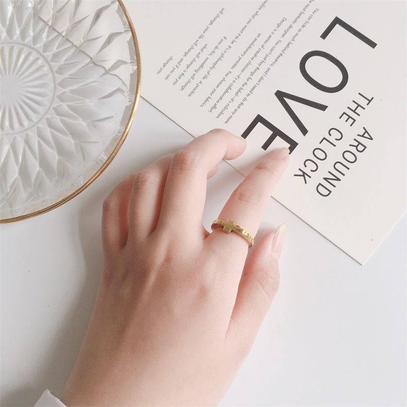 Womens Cross Ring Alloy Electroplated Eternal Letter Design Gold Plated Fashion Jewelry Ring for Women Color Gold