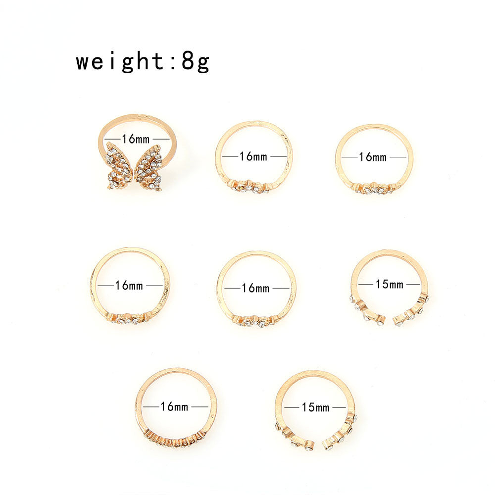 Butterfly Ring Set For Women 8 Piece Alloy Inlaid Gem Rings European American Fashion Gold Trendy Jewelry Gift