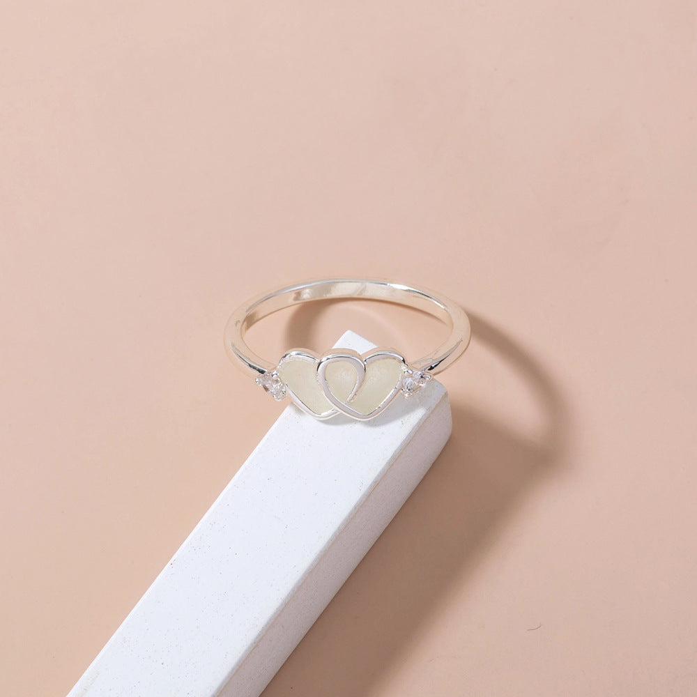 Womens Double Heart Ring Copper Band With Light Blue Zircon European Zodiac Design Electroplated Oil Drip Finish