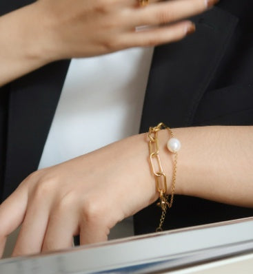 Womens Double Layer Bracelet Pearl Pendant Titanium Steel Gold Tone Durable Elegant Fashion Jewelry Gift Pearl