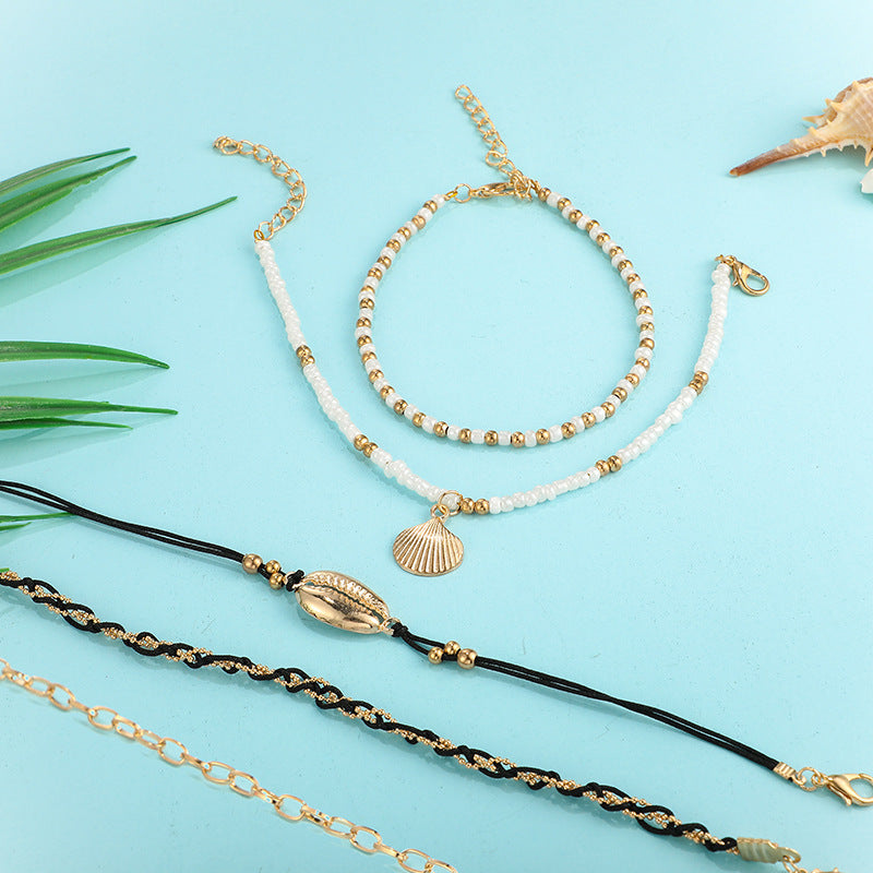 Womens Anklets Set Layered Golden Anklets Braided Ethnic Geometric Designs Fashion Alloy Anklets For Women Set