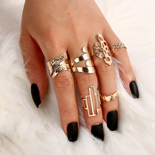 Womens Geometric Rings Set Electroplated Alloy Rings European Trendy Metal Design Jewelry Six Piece For Her Now