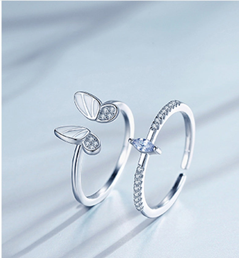 Womens Butterfly Ring Adjustable Zirconia Copper White Gold Plated Fashion Jewelry Elegant Dainty Gift for Her