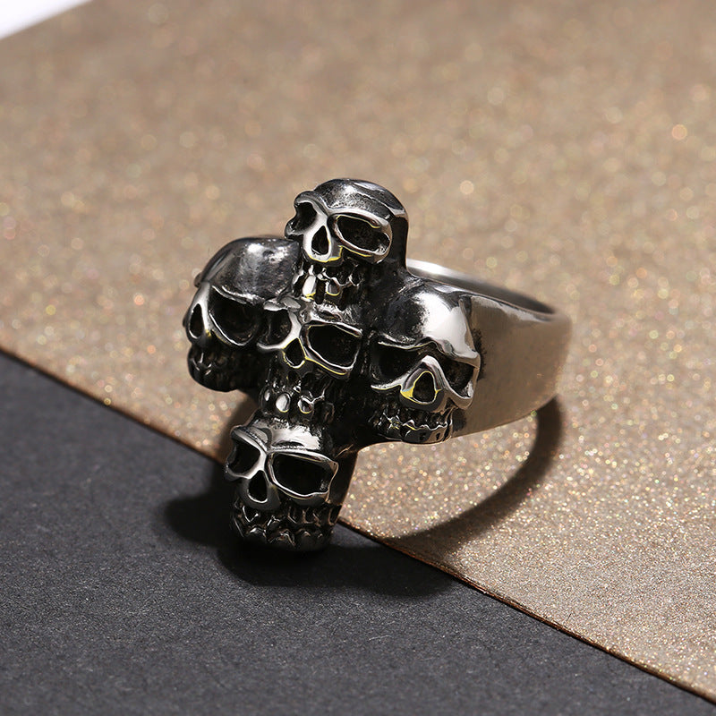 Stainless Steel Skull Ring For Men Cross Design Titanium Finish Religious Totemic For Daily Wear Skull Jewelry