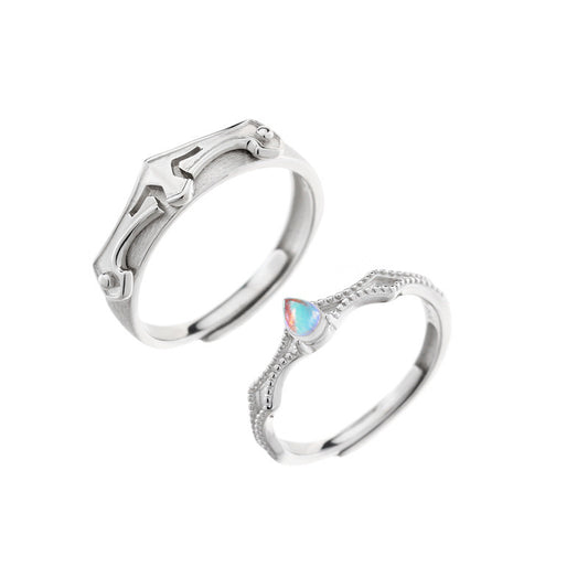 Literary Couple Rings S925 Silver Adjustable Matching Rings for Women and Men Retro Princess Knight Moonstones