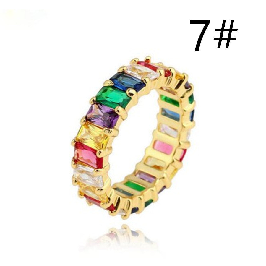 Seven Colored Zircon Rings Set In Metal Plating With Mosaic Gemstone Accents Size 6 7 8 9 Metal Plated Mosaic Gemstone