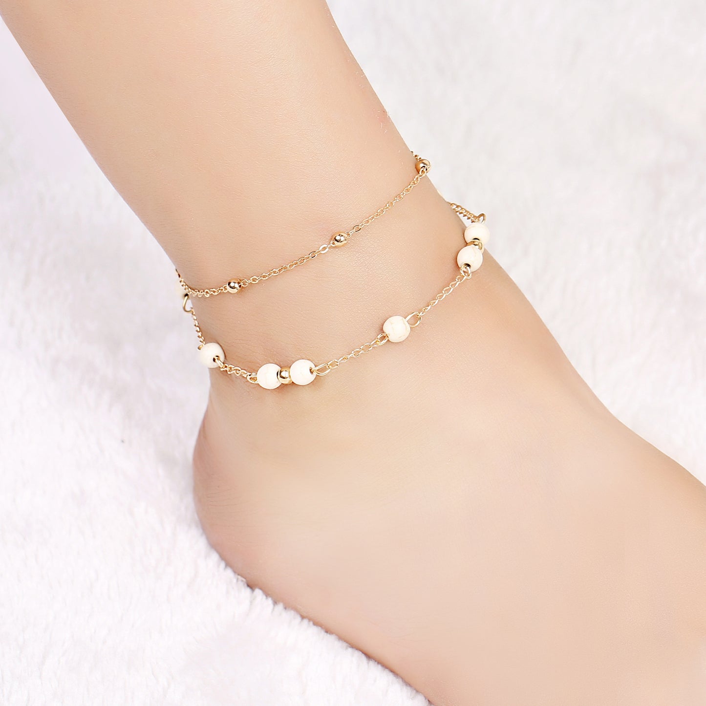 Womens Turquoise Copper Bead Chain Anklet Double Layer Gold