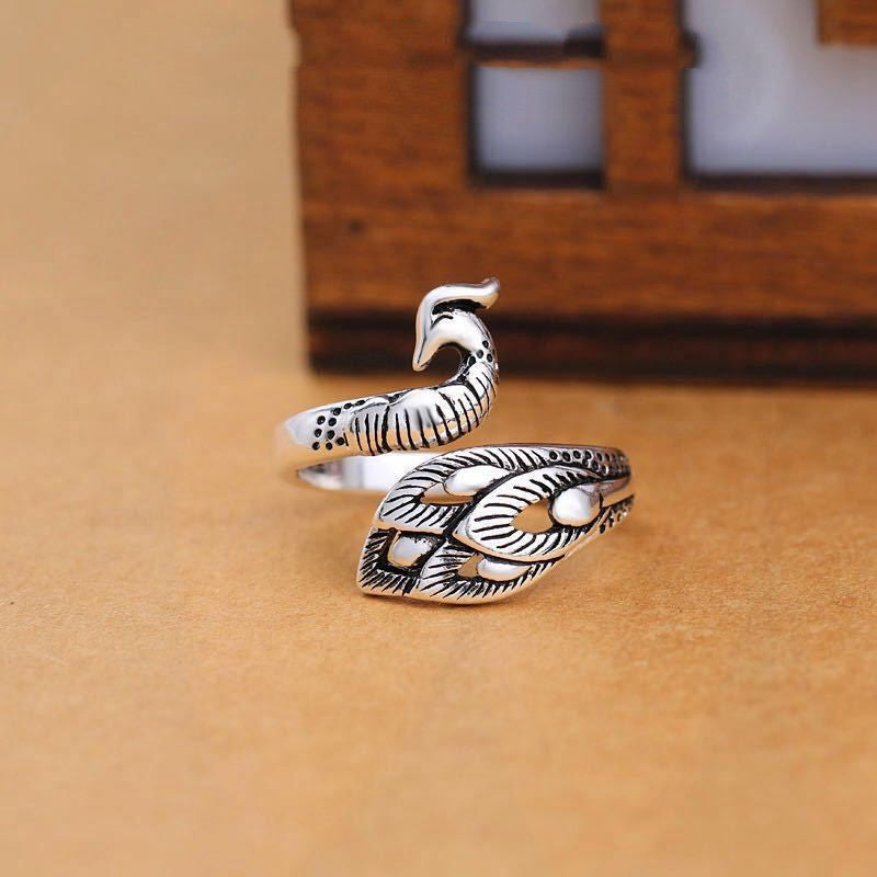 Vintage Unisex Animal Zodiac Ring In Plain Silver Peacock Design Jewelry Gift For Him With Adjustable Fit Gift