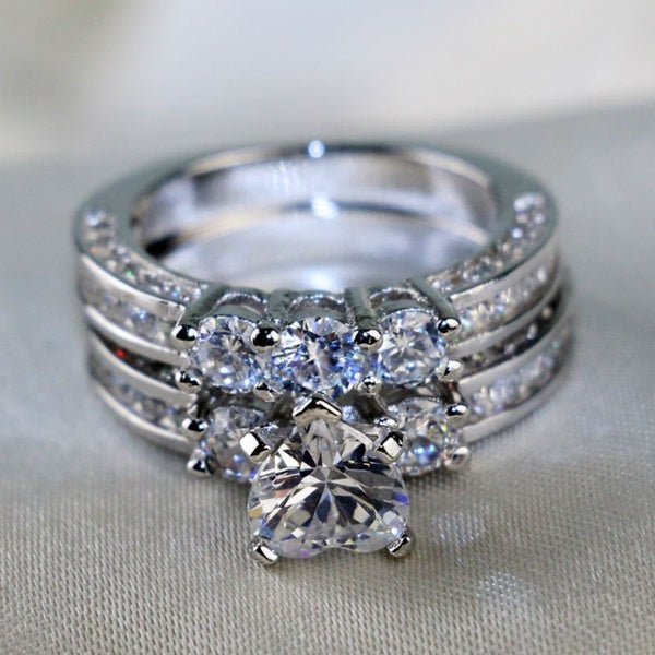 Heart Shaped Three Stone Ring With Round CZ Accents Zinc Alloy Jewelry For Women Wedding Gift And Anniversary Today