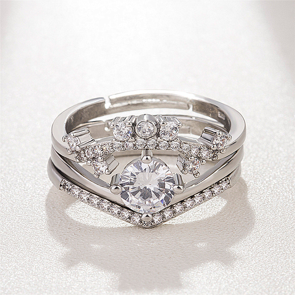 Couple Crown Ring Unisex Wedding Promise Engagement Anniversary Gift Platinum Inlaid Geometric Design Durable Jewelry