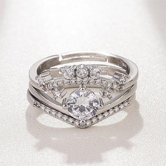 Couple Crown Ring Unisex Wedding Promise Engagement Anniversary Gift Platinum Inlaid Geometric Design Durable Jewelry