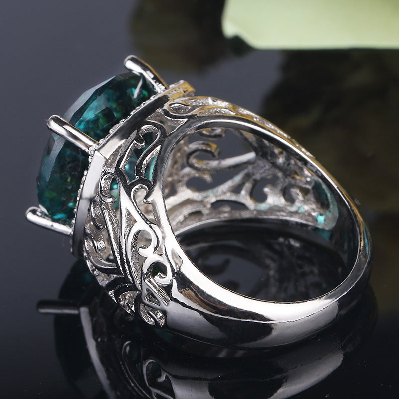 Green Topaz Flower Ring Platinum Plated Copper Zircon