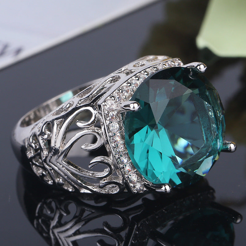 Green Topaz Flower Ring Platinum Plated Copper Zircon