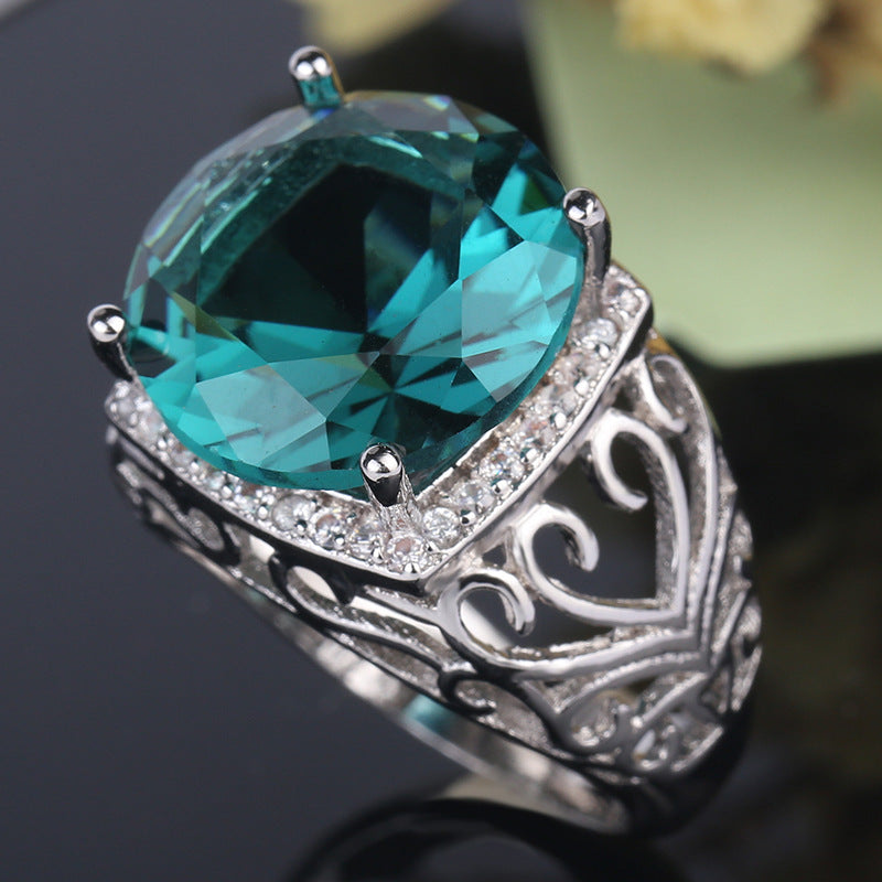 Green Topaz Flower Ring Platinum Plated Copper Zircon