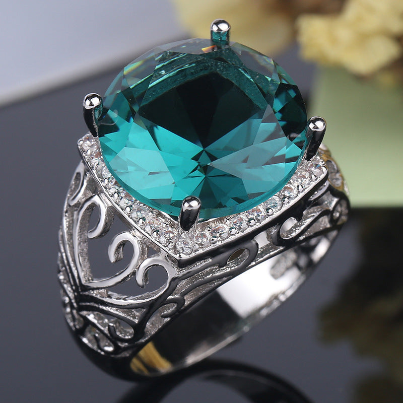 Green Topaz Flower Ring Platinum Plated Copper Zircon