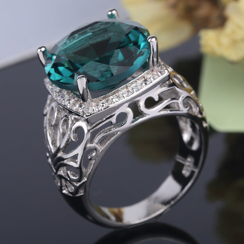 Green Topaz Flower Ring Platinum Plated Copper Zircon