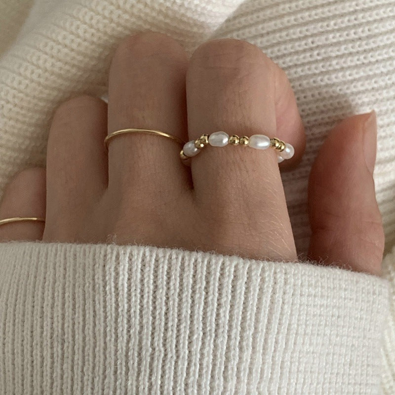 Womens Pearl Ring Geometric Design Electroplated Gold Tone Alloy Jewelry Statement Accessory Elegant Gift For Her