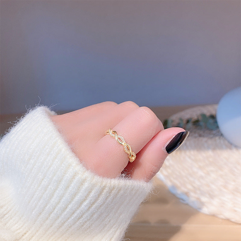 Copper U Shaped Ring With Zircon Inlay Braided Twist Open Style Womens Fashion Jewelry Elegant Everyday Beauty