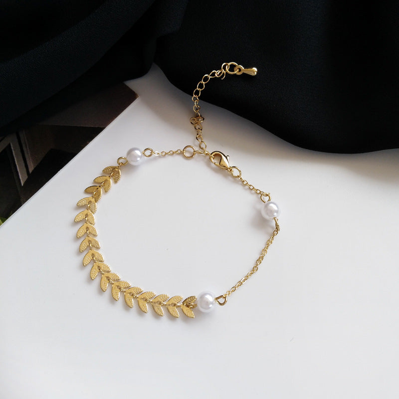 Womens Titanium Steel Bracelet Geometric Wheat Ear Design Pearl Accent Individually Packed Fashion Jewels Gift