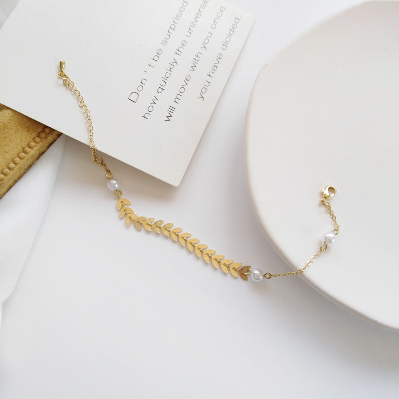 Womens Titanium Steel Bracelet Geometric Wheat Ear Design Pearl Accent Individually Packed Fashion Jewels Gift