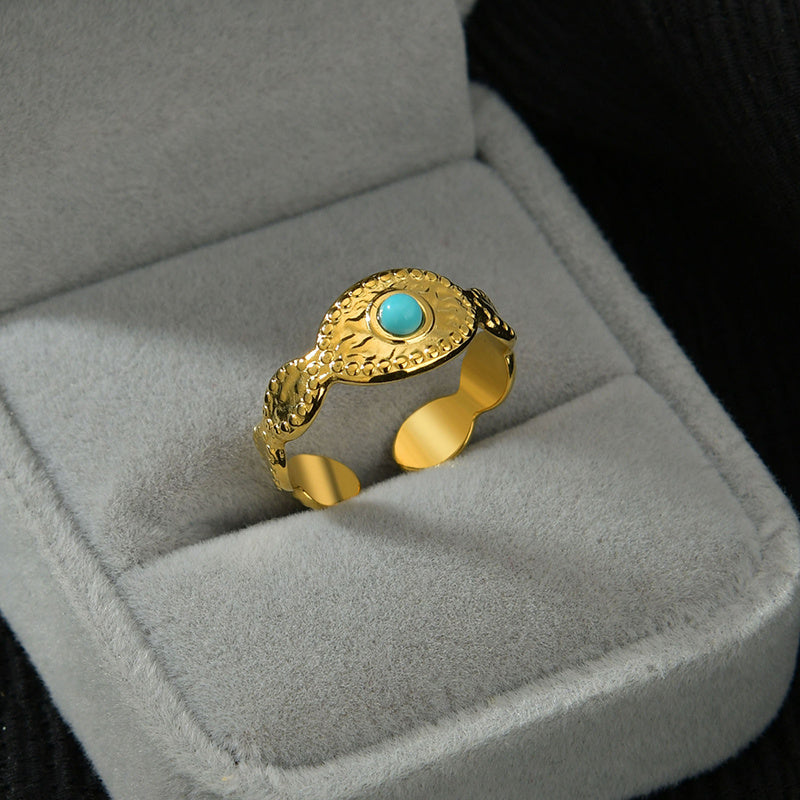 Vintage Turquoise Irregular Texture Ring Stainless Steel Geometric Design For Women Gold Tone Holiday Gift Box