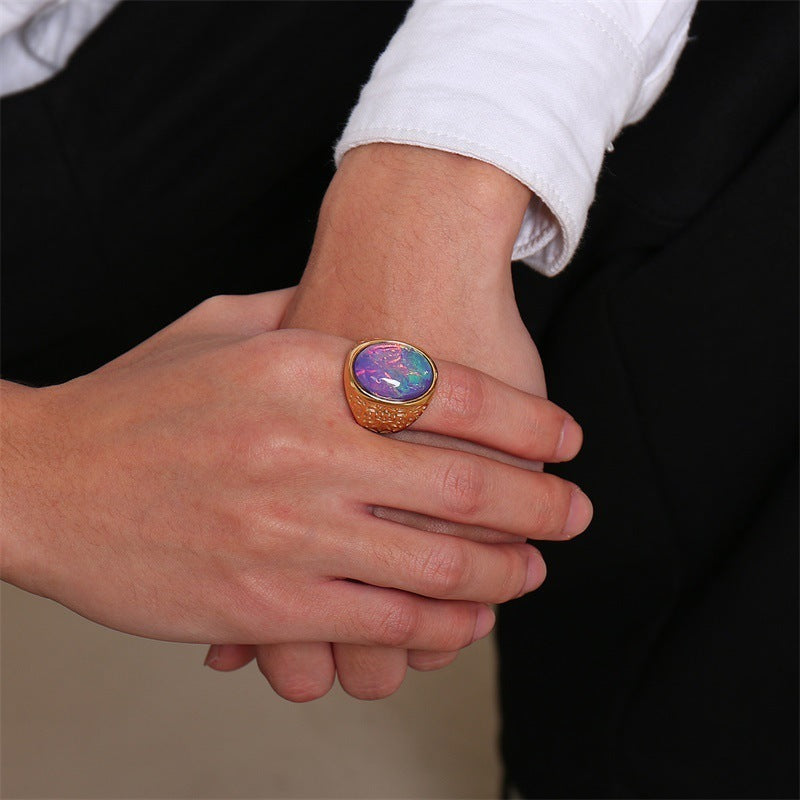 Mens Stainless Steel Opal Ring Jewelry Gift for Him Fashion Statement Band Ring Modern Design Durable Everyday Wear