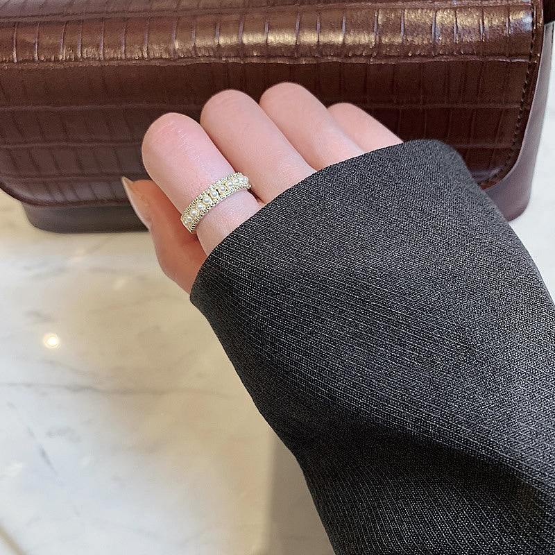 Gold Color Preserving Plating Korean Diamond Pearl Ring Adjustable Open Band Womens Jewelry Geometric Inlay Alloy Stones