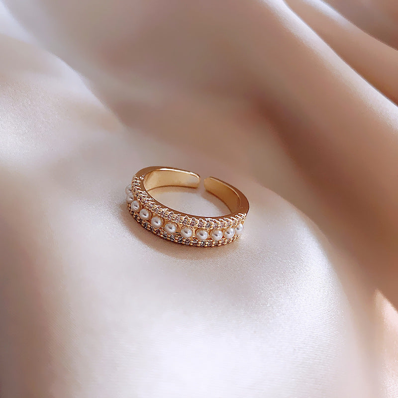 Gold Color Preserving Plating Korean Diamond Pearl Ring Adjustable Open Band Womens Jewelry Geometric Inlay Alloy Stones