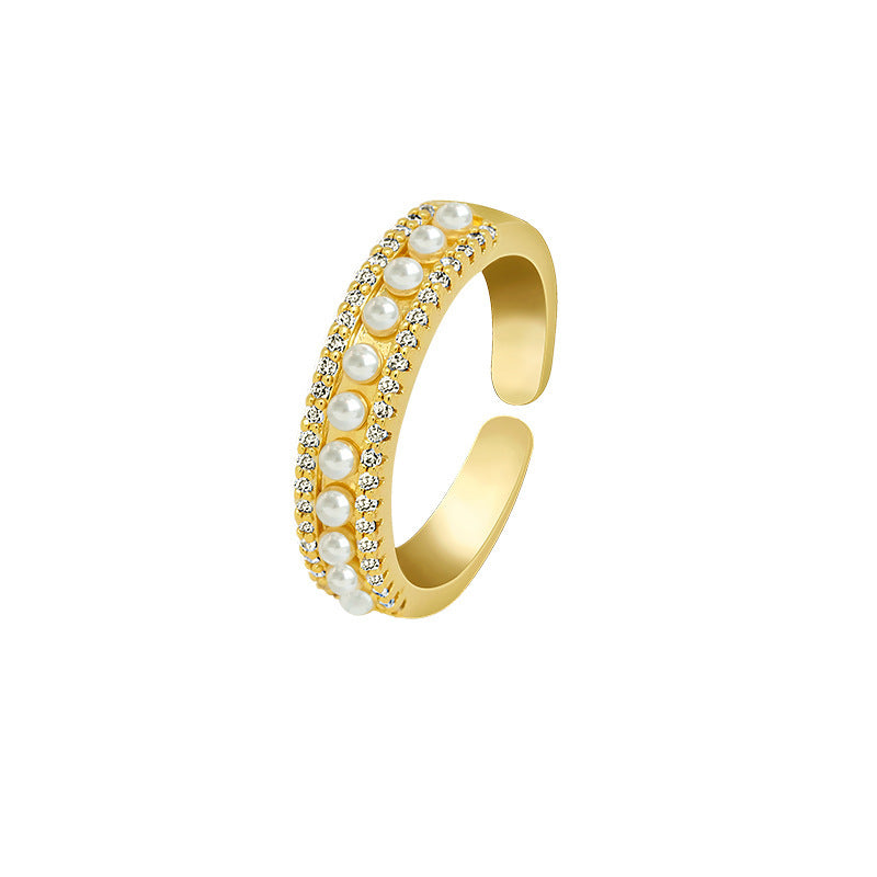 Gold Color Preserving Plating Korean Diamond Pearl Ring Adjustable Open Band Womens Jewelry Geometric Inlay Alloy Stones