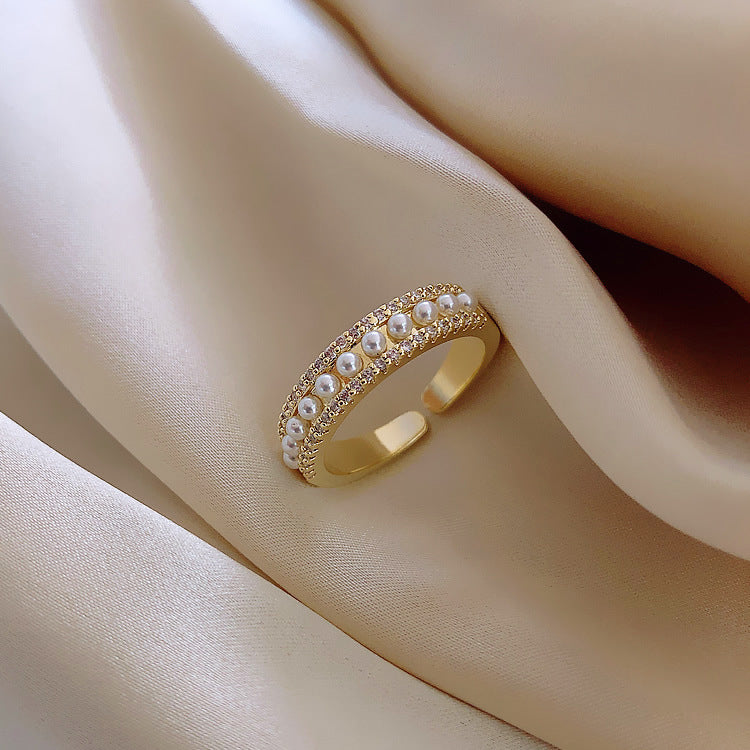 Gold Color Preserving Plating Korean Diamond Pearl Ring Adjustable Open Band Womens Jewelry Geometric Inlay Alloy Stones