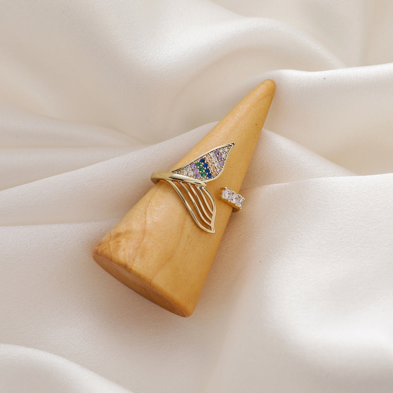 Mermaid Tail Ring Micro Inlaid Zircon Copper Electroplated Golden Elegant Geometric Jewelry Gift For Her Daily Wear