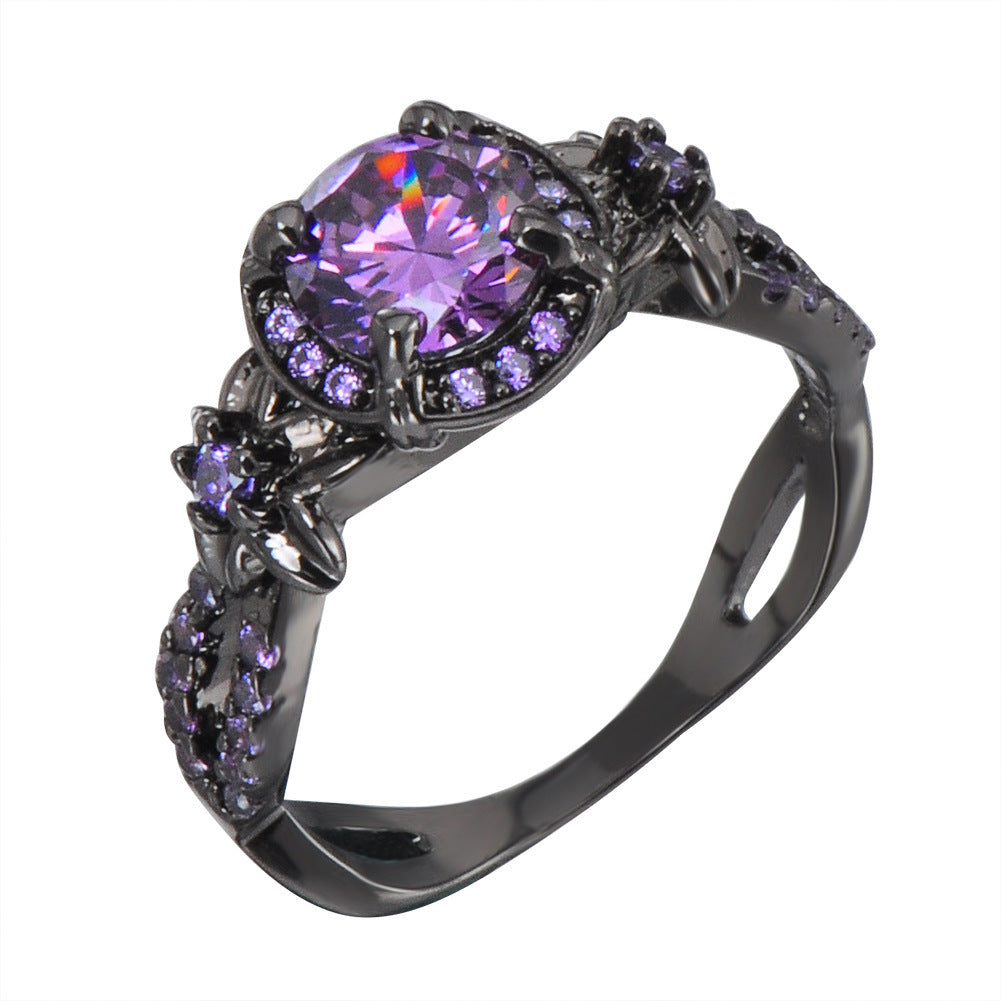 Womens Black Gold Plated Ring With Purple Round Gemstone Small Flower Design Elegant Fashion Jewelry Dainty Accessory