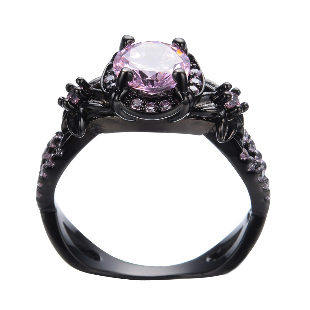 Womens Black Gold Plated Ring With Purple Round Gemstone Small Flower Design Elegant Fashion Jewelry Dainty Accessory