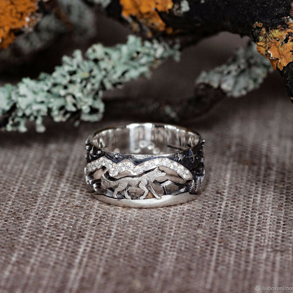 Couple Rings Sterling Silver Inlaid Gemstone Copper Wolf Design Diamond Rings European Vintage Anniversary Jewelry