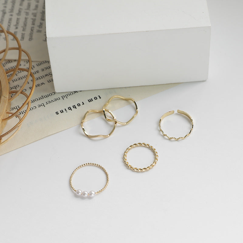Wave Shaped Rings Set Five Piece Alloy Rings Silver Or Gold Japanese Korean Style Collection For Style Seekers