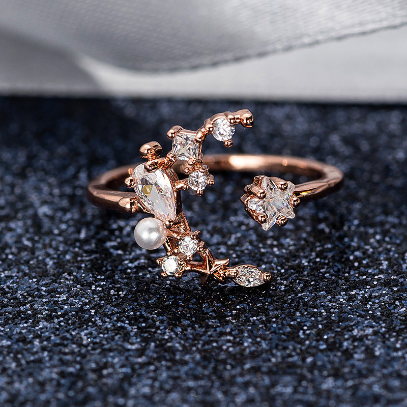 Copper Open Ring With Star And Moon Pentagram Design Gold Plated Adjustable Jewelry For Women With Artificial Gemstones
