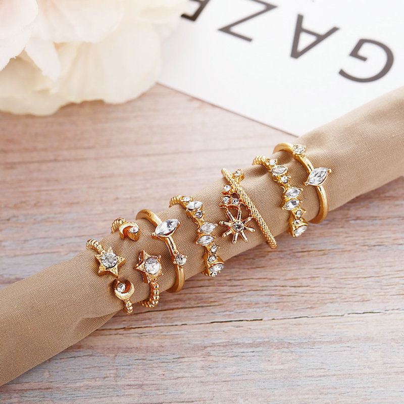 Womens Star Moon Ring Set Seven Piece Diamond Crystal Rings