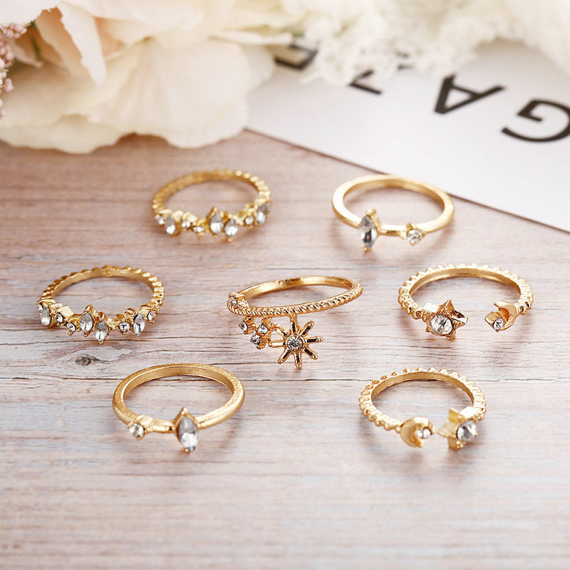 Womens Star Moon Ring Set Seven Piece Diamond Crystal Rings