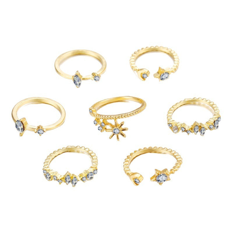 Womens Star Moon Ring Set Seven Piece Diamond Crystal Rings