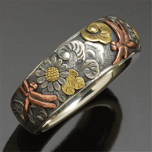 Unisex Vintage Carved Alloy Rings Insect Flower Dragonfly Sunflower Ring Electroplated Anniversary Gift Set Box